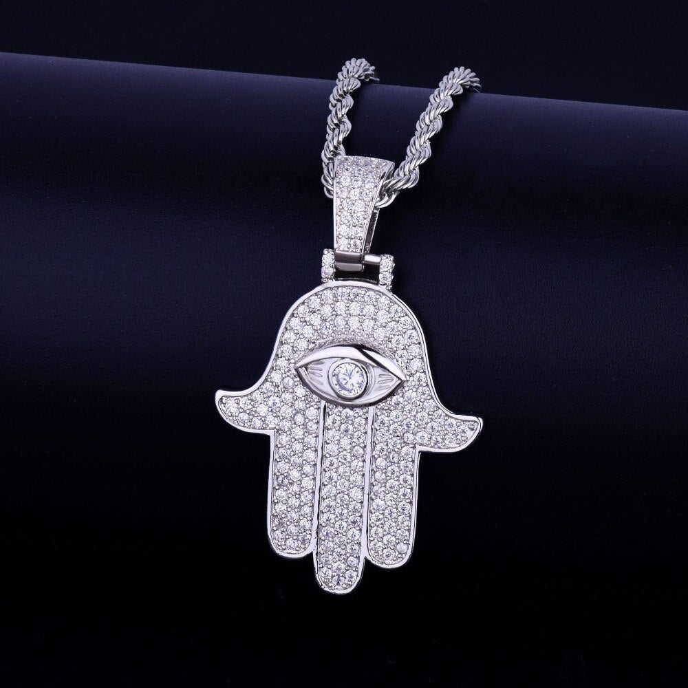 Iced Hand Pendant Necklace Gold Color Cubic Zircon Men&#39;s Hip Hop Jewelry