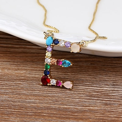 New Arrival Hot Sale Personal Name Letter Necklace Rainbow CZ Initials Alphabet Women Girls Gorgeous Family Jewelry Gift