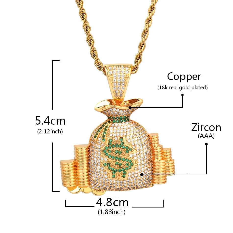 Money Bag Pendant Necklace Gold Color Cubic Zircon Men&#39;s Hip Hop Jewelry