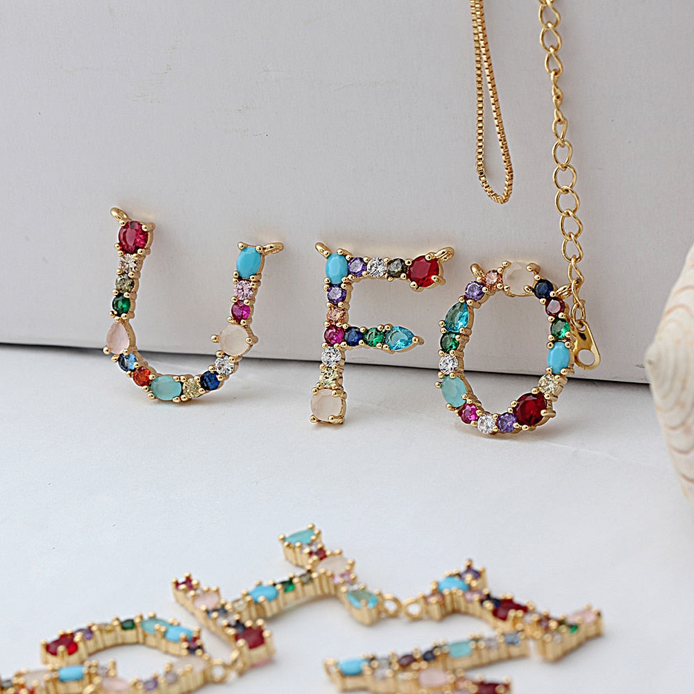 New Arrival Hot Sale Personal Name Letter Necklace Rainbow CZ Initials Alphabet Women Girls Gorgeous Family Jewelry Gift