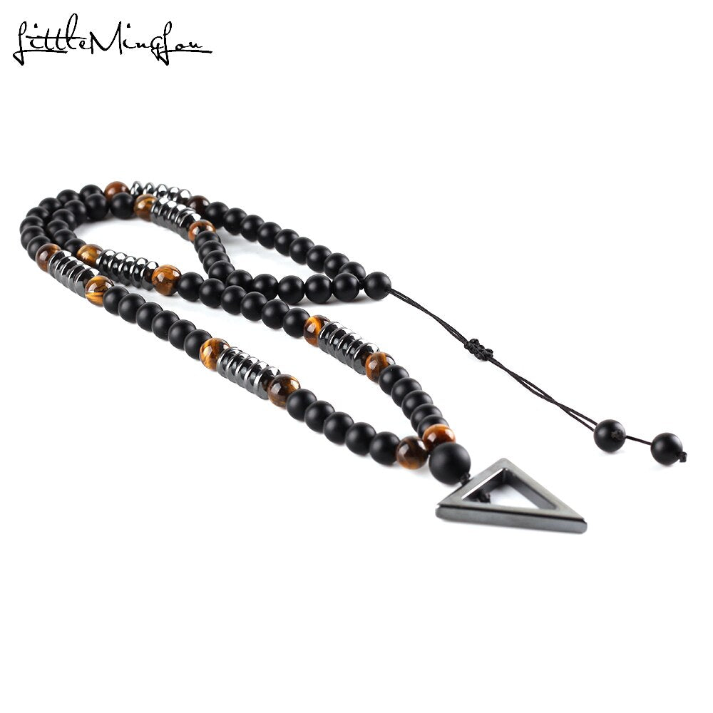 2019 Luxury Long Necklace Tiger Eye Natural Stone Beads Men's Black Hematite Triangle Pendants Necklace Geometry Jewelry Gift