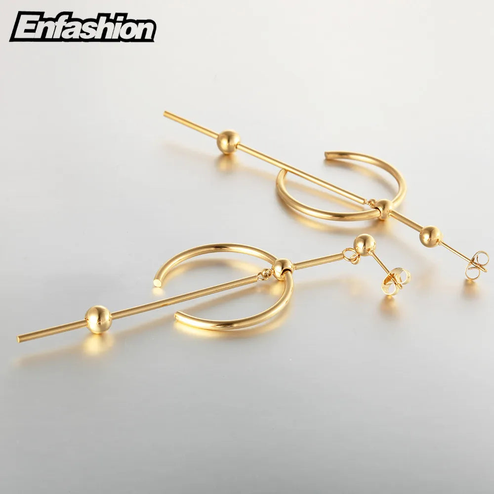 Enfashion Circle Line Dangle Earrings Gold color Earings Stainless steel Drop Earrings For Women Long Earring Jewelry brinco