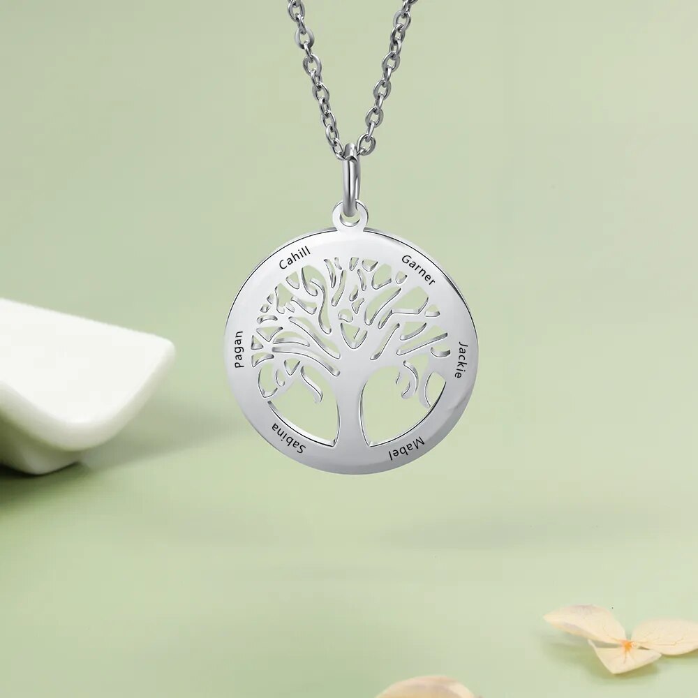 Personalized Family Tree Necklace Custom 6 Names Tree of Life Stainless Steel Pendant Necklace Gift for Mother (Lam Hub Fong)