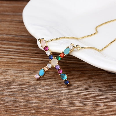 New Arrival Hot Sale Personal Name Letter Necklace Rainbow CZ Initials Alphabet Women Girls Gorgeous Family Jewelry Gift