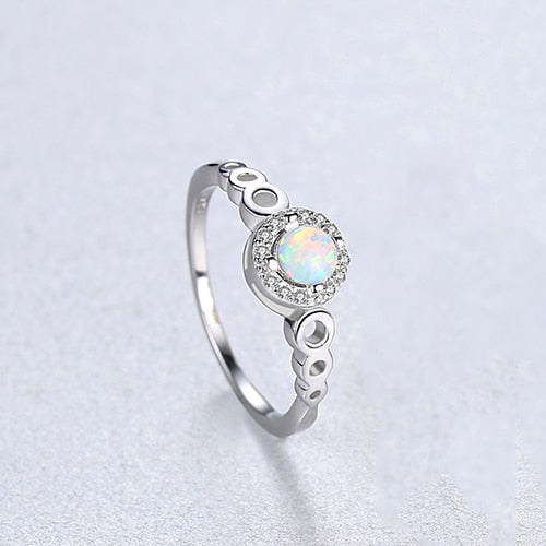 CZCITY Fashion 925 Sterling Silver 4mm Round Fire Opal Birthstone Rings for Women Colorful Original Gem Wedding Bridal Jewelry
