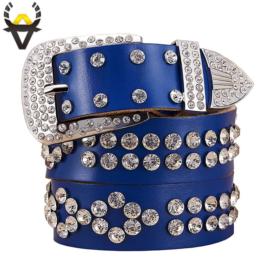 Fashion rhinestone genuine leather belts for women Luxury Pin buckle woman belt Quality second layer cow skin strap width 3.3 cm