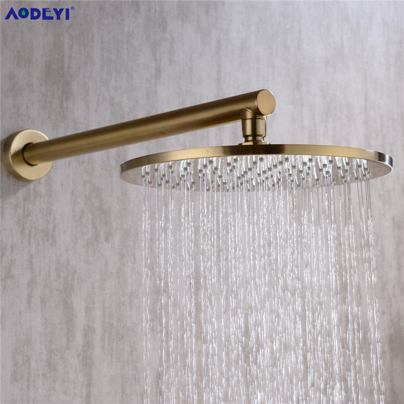 Brushed Gold Solid Brass Bathroom Shower Set Rianfall Head Bath Faucet Wall Mounted Ceiling Arm Mixer Water System Panel Black