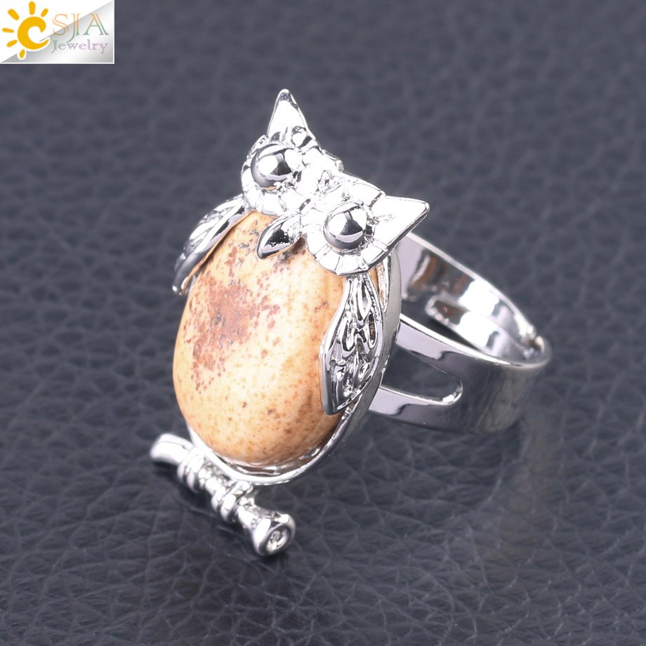 CSJA Lovely Owl Women Finger Ring Natural Stone Cabochon Bead Adjustable Rings Silver-color Cute Animal Charm Party Jewelry F566