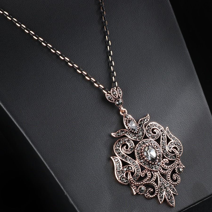 Kinel Unique Gray Crystal Pendant Necklace For Women Antique Gold Color Vintage Jewelry Party Accessories Luxury Gifts