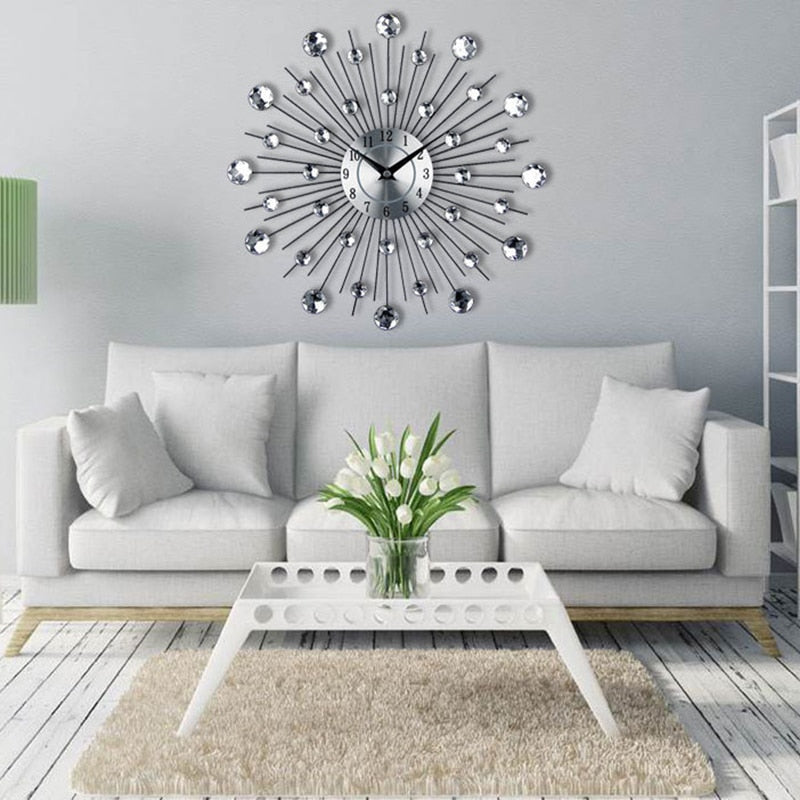 Vintage Metal Crystal Sunburst Wall Clock Large Morden Wall Clocks Design Home Art Decor 33cm Large Size