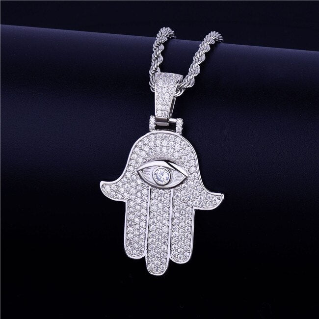 Iced Hand Pendant Necklace Gold Color Cubic Zircon Men&#39;s Hip Hop Jewelry