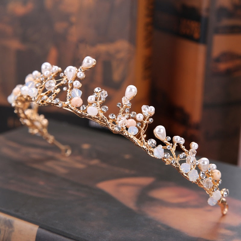 KMVEXO New Coming Bride Headdress Retro Hair Jewelry Gold Color Pearl Rhinestone Flower Crown Women Wedding Accessories