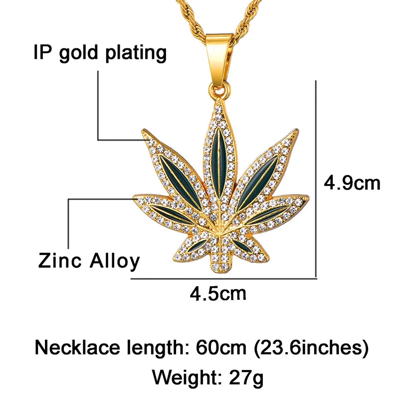 HIP Hop Full Rhinestoned Leaves Bling Iced Out Rope Chain Pendants &amp; Necklaces for Men Jewelry Gold Color