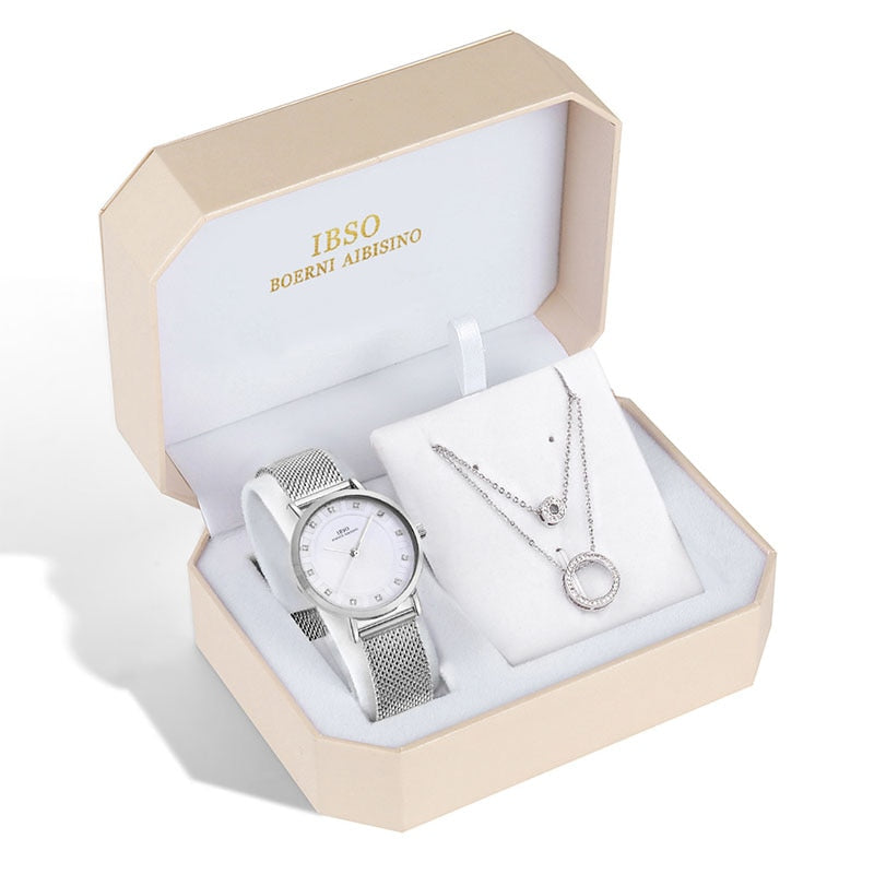 IBSO Brand Women Watch Set Silver Necklace Quartz Watch Set Female Jewelry Set Fashion Creative Crystal Quartz Watch Lady&#39;s Gift