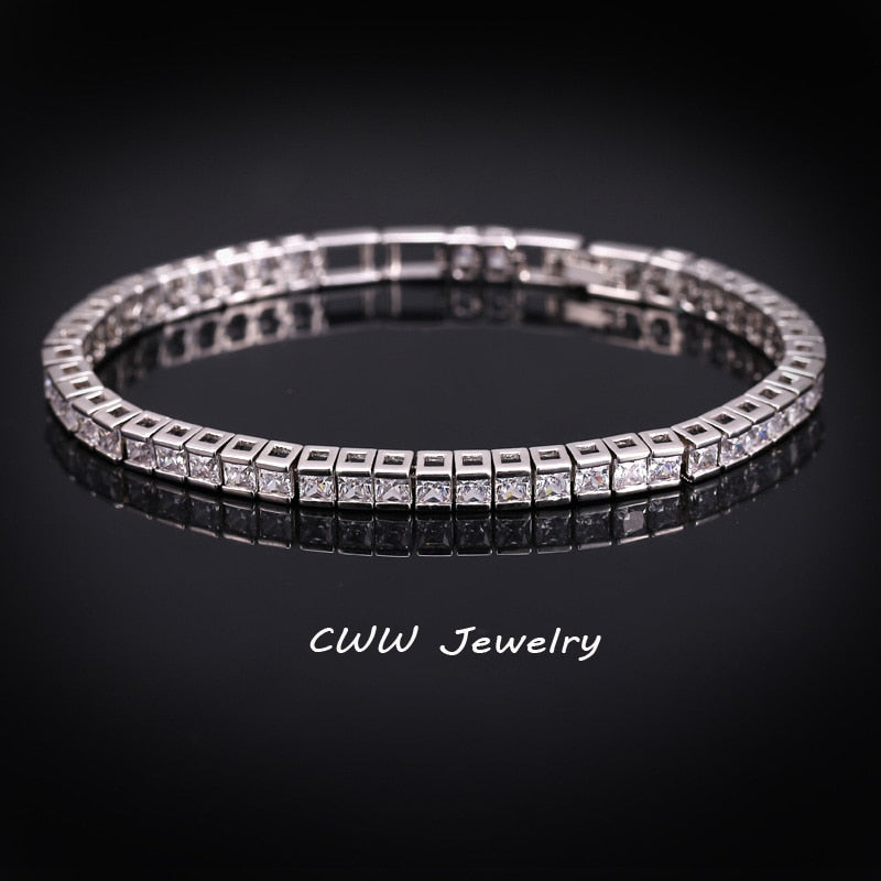 CWWZircons Brand Square 3mm Cubic Zirconia Tennis Bracelets for Woman White Gold Color Princess Cut CZ Wedding Jewelry CB169
