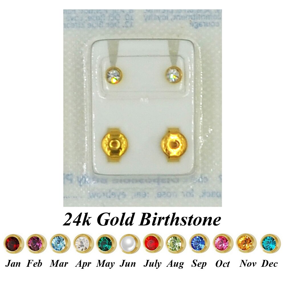 PAIR 24K plated gold birthstone CZ gemstone ear stud earrings for jewelry ear piercing.