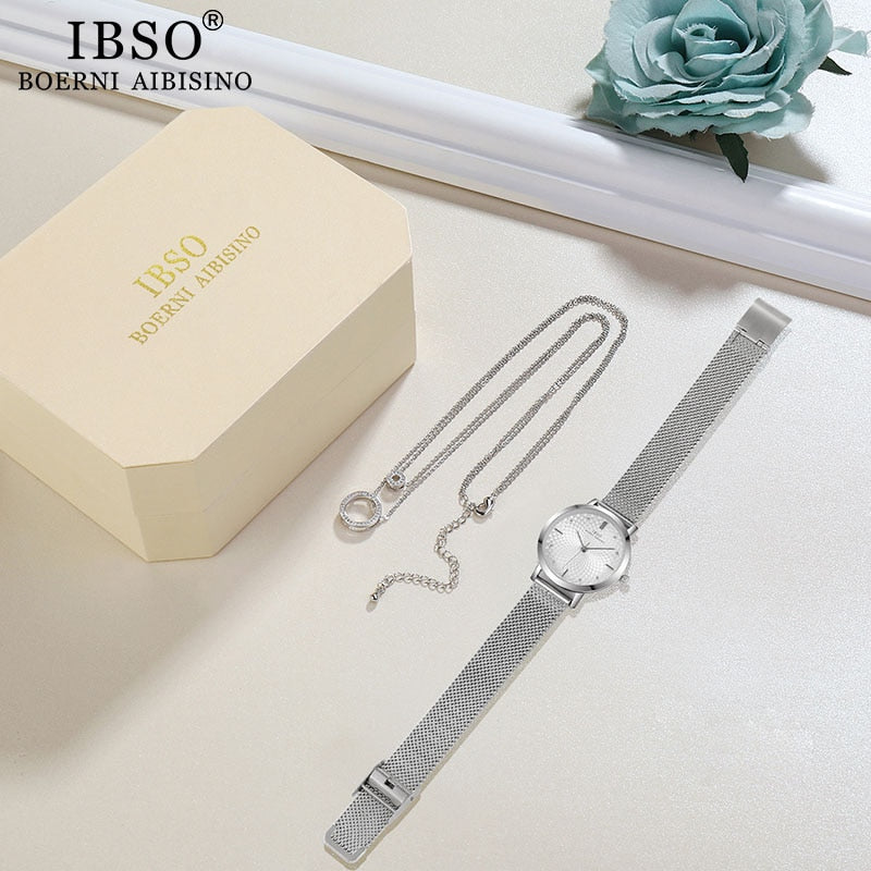 IBSO Brand Women Watch Set Silver Necklace Quartz Watch Set Female Jewelry Set Fashion Creative Crystal Quartz Watch Lady&#39;s Gift