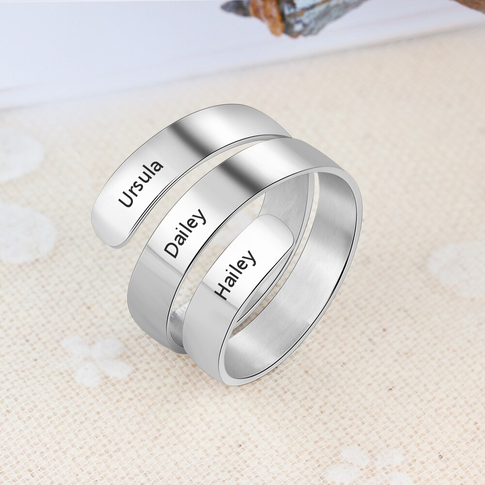 Personalized Gift Engraved 3 Names Ring Stainless Steel Adjustable Rings for Women Anniversary Jewelry (JewelOra RI103745)