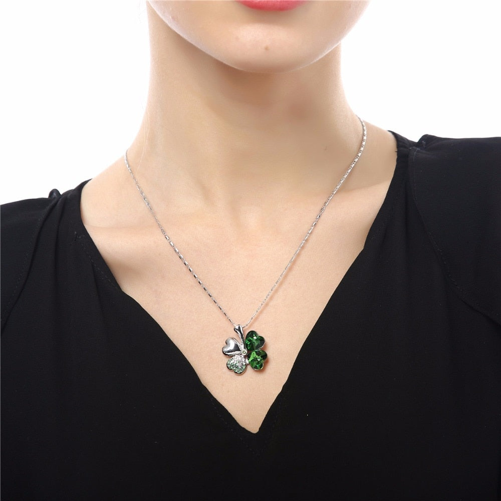 Elegant 12-Color Austrian Crystal Four Leaf Clover Pendant Necklace - White Gold Plated Fashion Jewelry for Women.