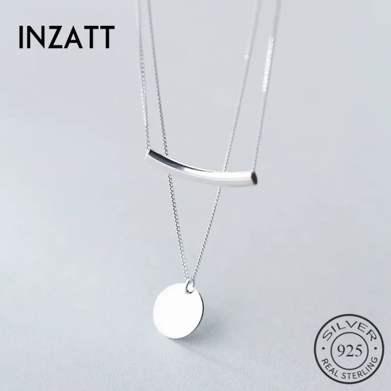 INZATT Real 925 Sterling Silver Layer Chain Geometric Round Disc Bent Pipe Choker Pendant Necklace For Women Party FINE Jewelry