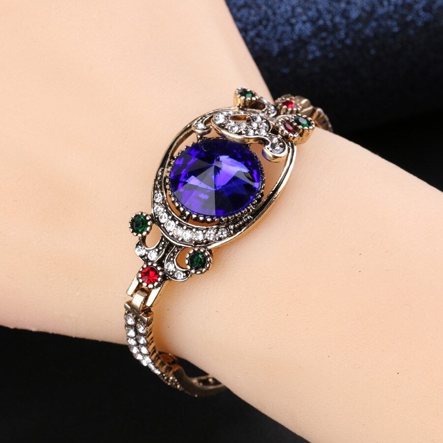 Luxury Vintage Green Satellites Bangles Antique Gold Color Colorful Crystal Turkish Bracelets For Women Bijouterie 2020 New