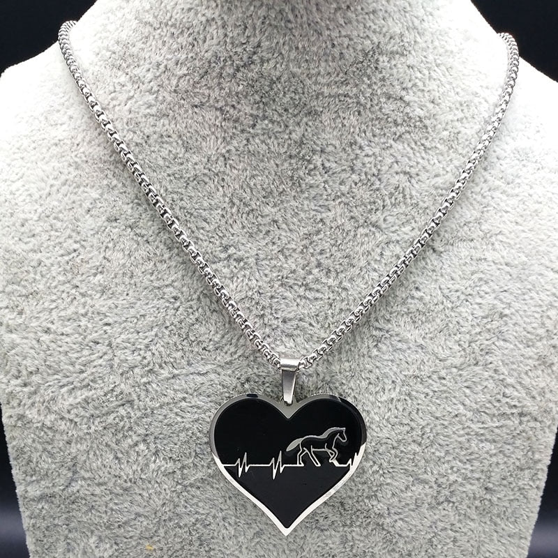 Fashion Horse Stainless Steel Choker Necklace for Men Silver Color Black Heart Necklace Jewelry colgante hombre N1048S01