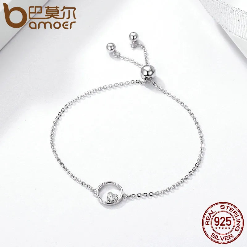 BAMOER Genuine 925 Sterling Silver Sweetheart Heart In Circle Chain Bracelets For Women Luxury Authentic Silver Jewelry SCB020