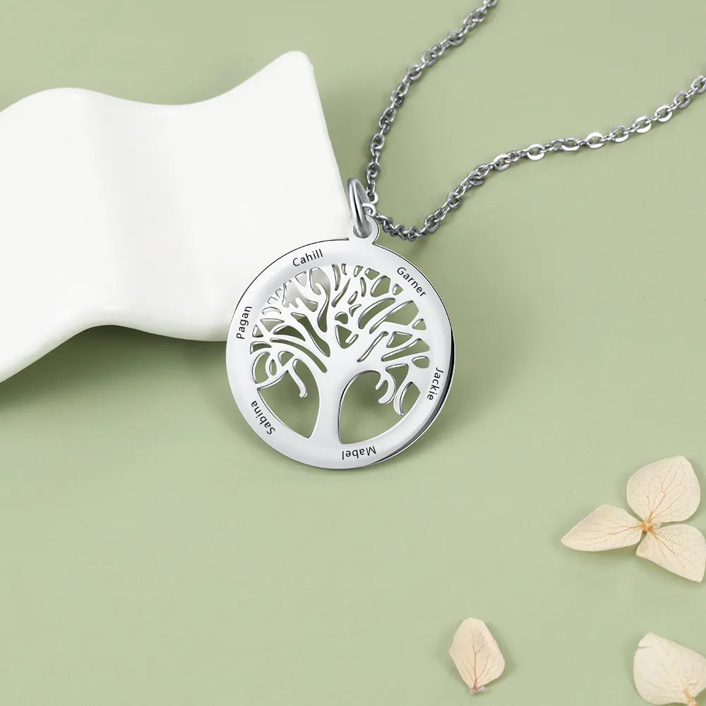 Personalized Family Tree Necklace Custom 6 Names Tree of Life Stainless Steel Pendant Necklace Gift for Mother (Lam Hub Fong)