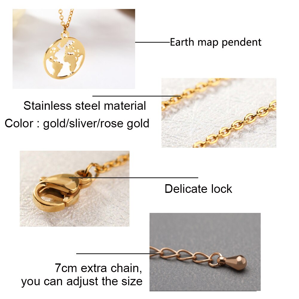 Globe World Map Necklace Stainless Steel World Necklace Women Girls Gold Color Chain Choker Necklaces Map Jewelry Birthday Gift