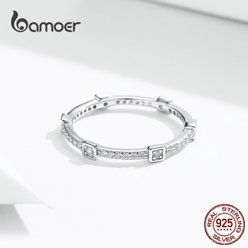 bamoer Square Geometric Stackable Finger Rings for Women Clear CZ 925 Sterling Silver Engagement Statement Jewelry SCR551