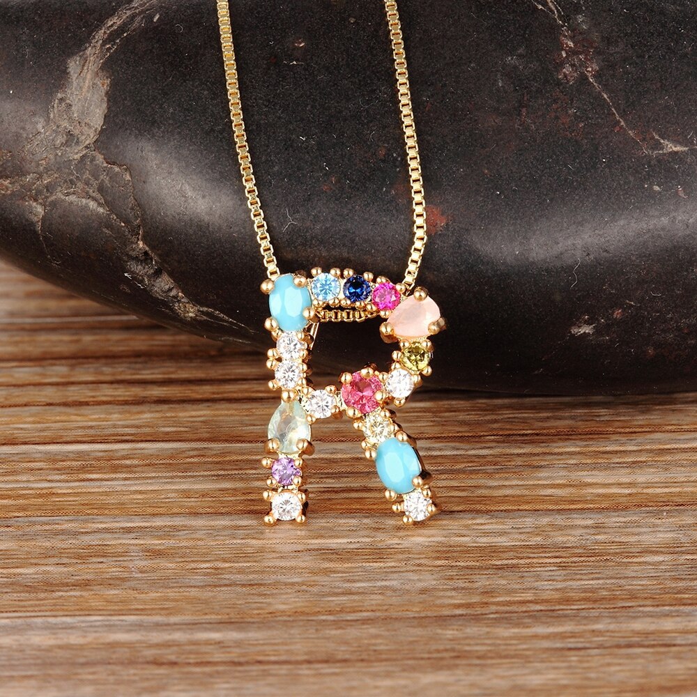 Nidin Hot Sale Rainbow Color Initial CZ Necklace Charm Letter Pendant Name Jewelry Women Accessories Fine Party Birthday Gift