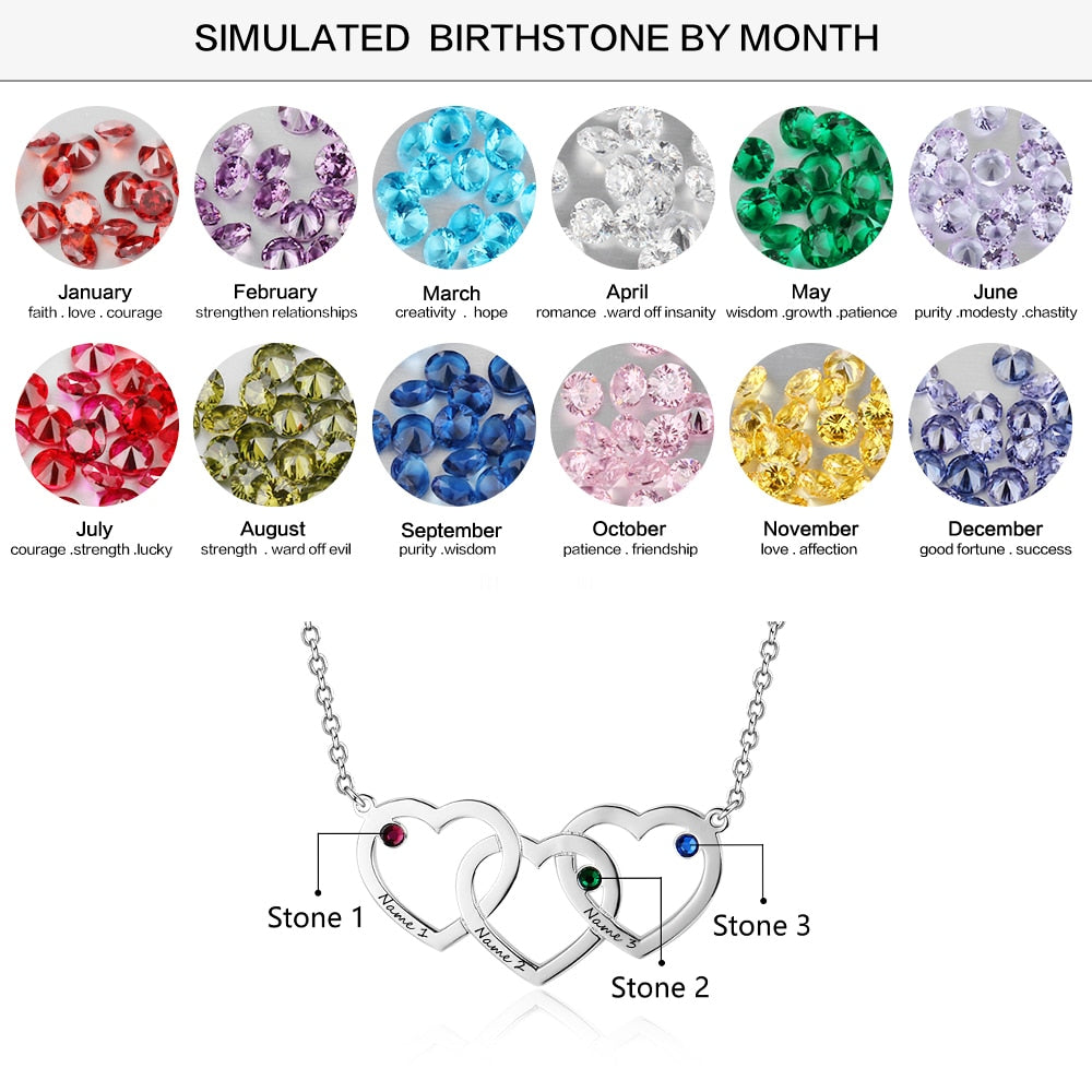 Personalized Intertwined Hearts Necklace with 3 Birthstones Customized Name Engraved Pendant Jewelry (JewelOra NE102402)