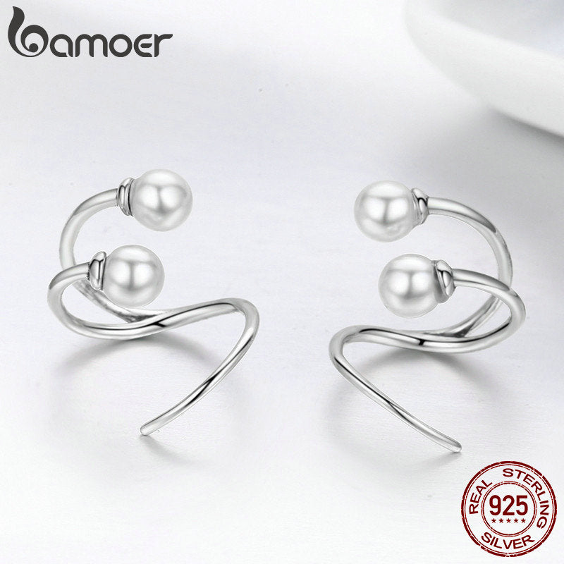 BAMOER 100% 925 Sterling Silver Earrings Elegant  Pearl Stud Earrings for Women Silver Jewelry SCE306