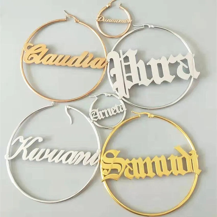 Customized Large Earrings for Women - Personalize with Any Name, Crafted in Old English Font from Stainless Steel. These Round Circle Pendientes Mujer make a Perfect Gift.