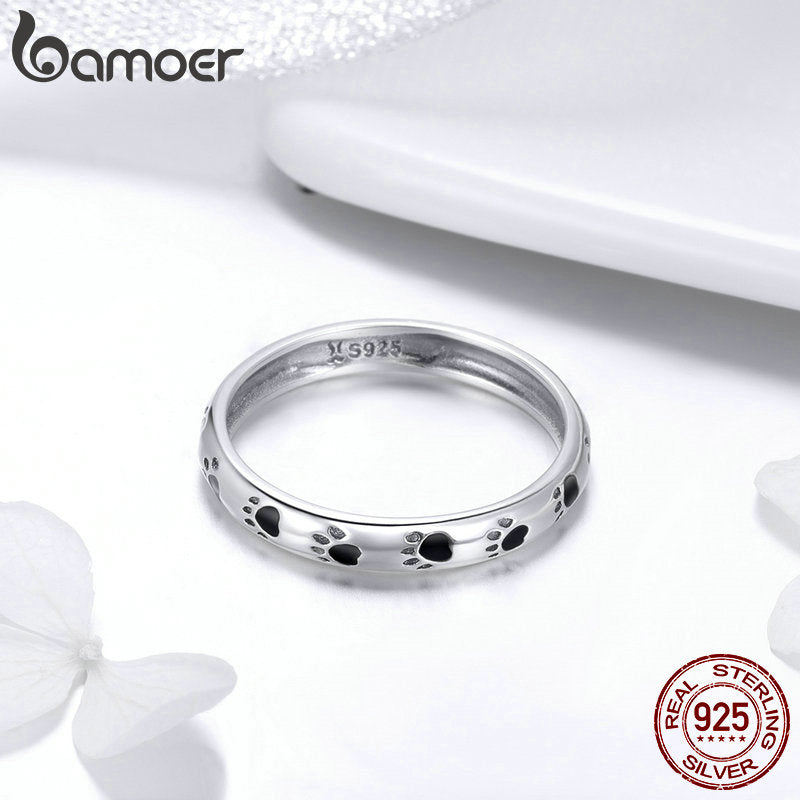 BAMOER 925 Sterling Silver Stackable Dog Cat Footprints Finger Rings for Women Wedding Ring Jewelry Valentine's Day GIFT SCR445