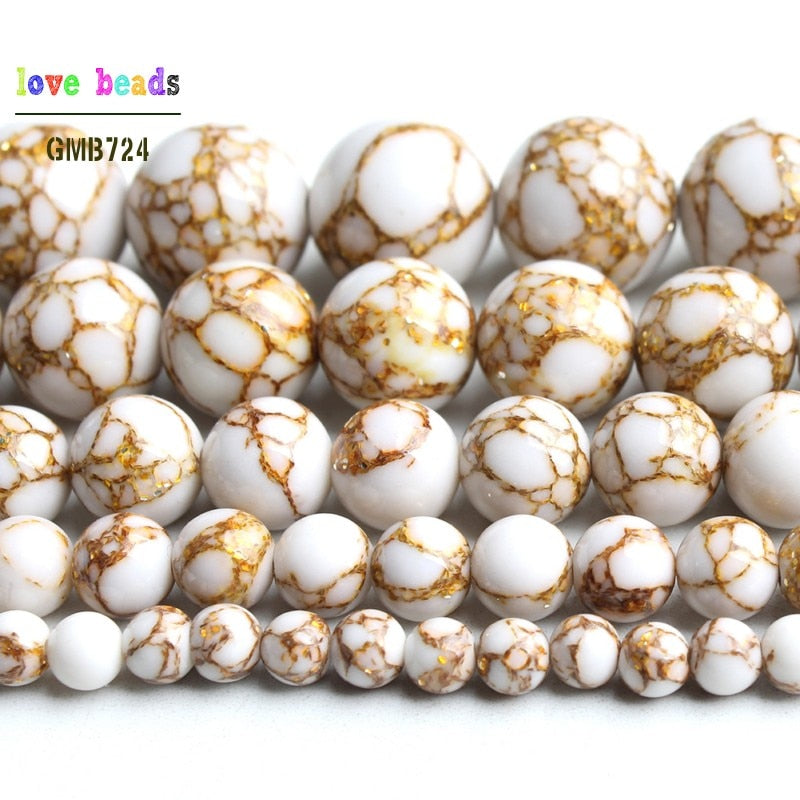 White Howlite Spun Gold plated Loose Stone Round Beads for Jewelry Making DIY Bracelet 15'' strand 4/6/8/10/12mm