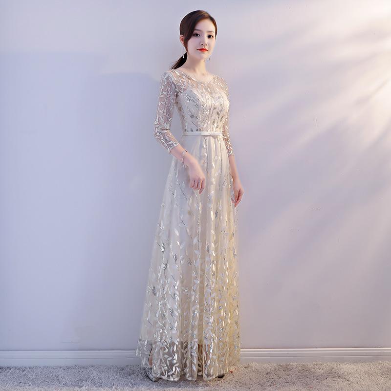 Elegant Women Floor Length Cheongsam Classic Embroidery Qipao Stage Show Performance Dresses Large Size XXXL Sequins Clothes