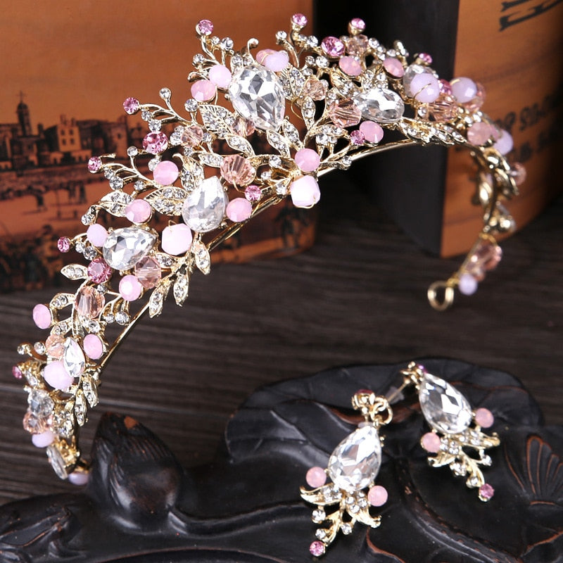 Pink Gold Color Pearl Bridal Crowns Handmade Tiara Bride Headband Crystal Wedding Diadem Queen Crown Wedding Hair Accessories