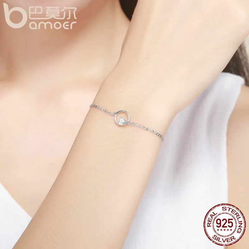 BAMOER Genuine 925 Sterling Silver Sweetheart Heart In Circle Chain Bracelets For Women Luxury Authentic Silver Jewelry SCB020