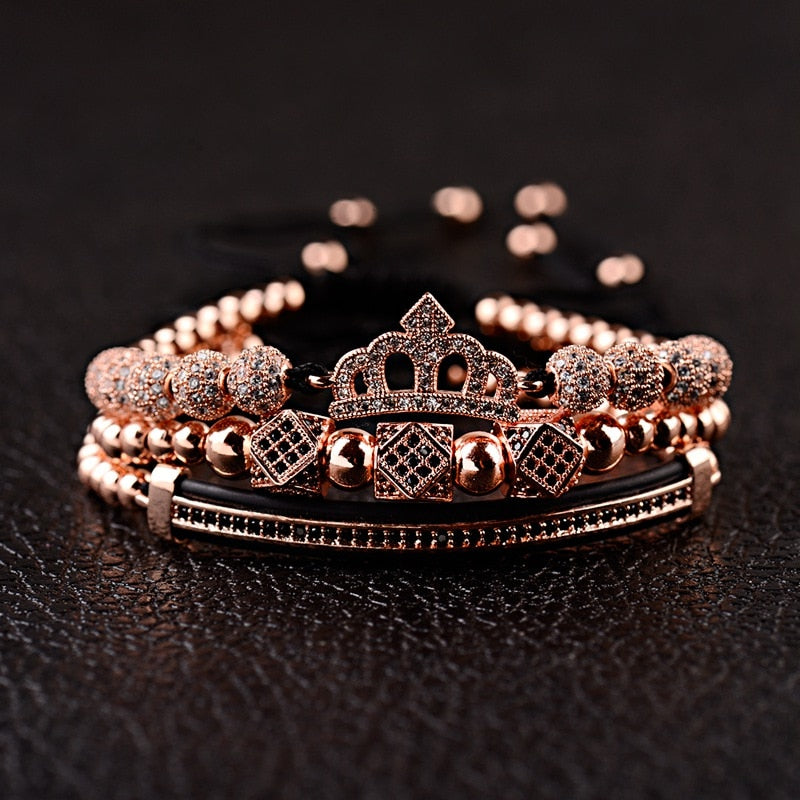 Luxury CZ King Crown Charm Men&#39;s Copper Bead Macrame Bracelets Fashion Geometric Long Tube Set Bracelets&amp;Bangles For Women