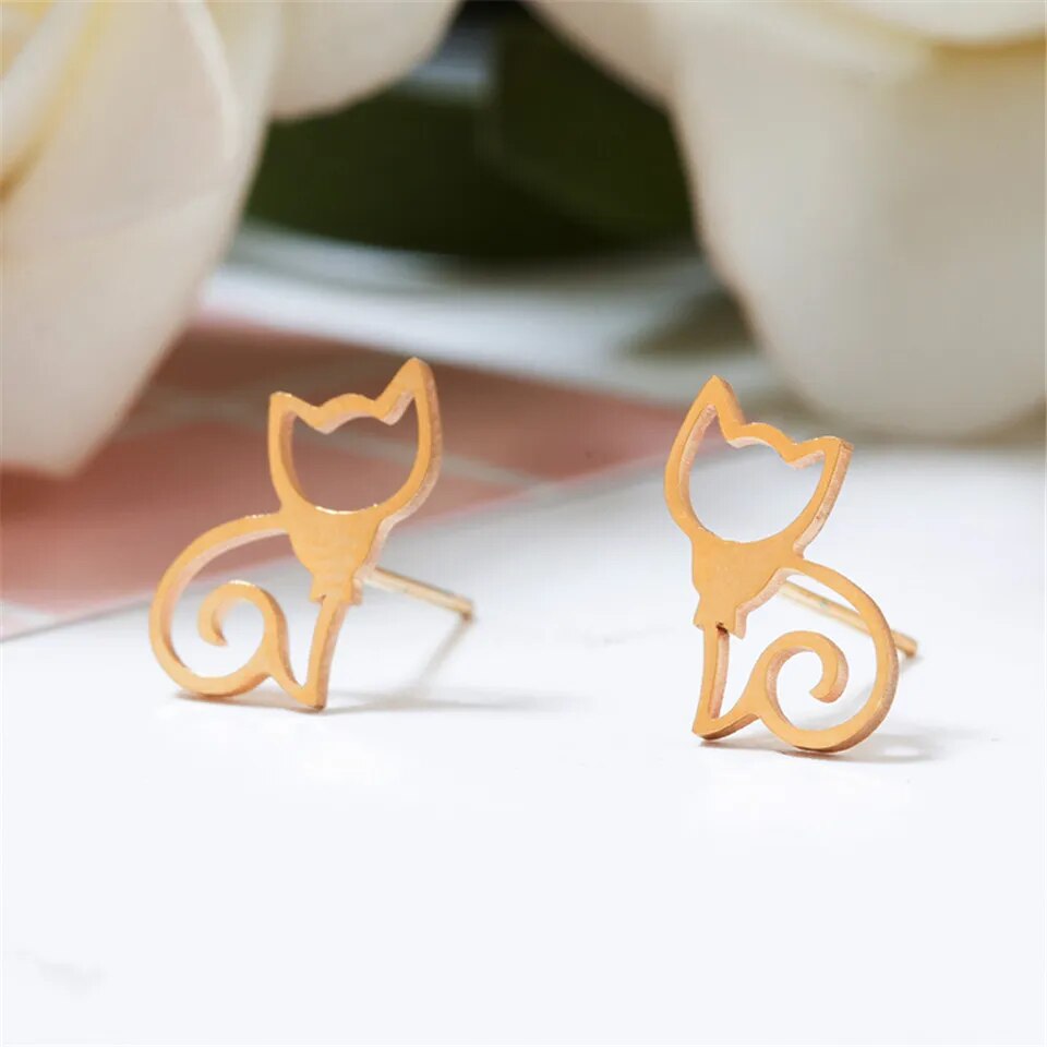 Lovely elegant simple cat stainless steel stud earring jewelry Fashion minimalist dainty post earrings for women bijoux brinco