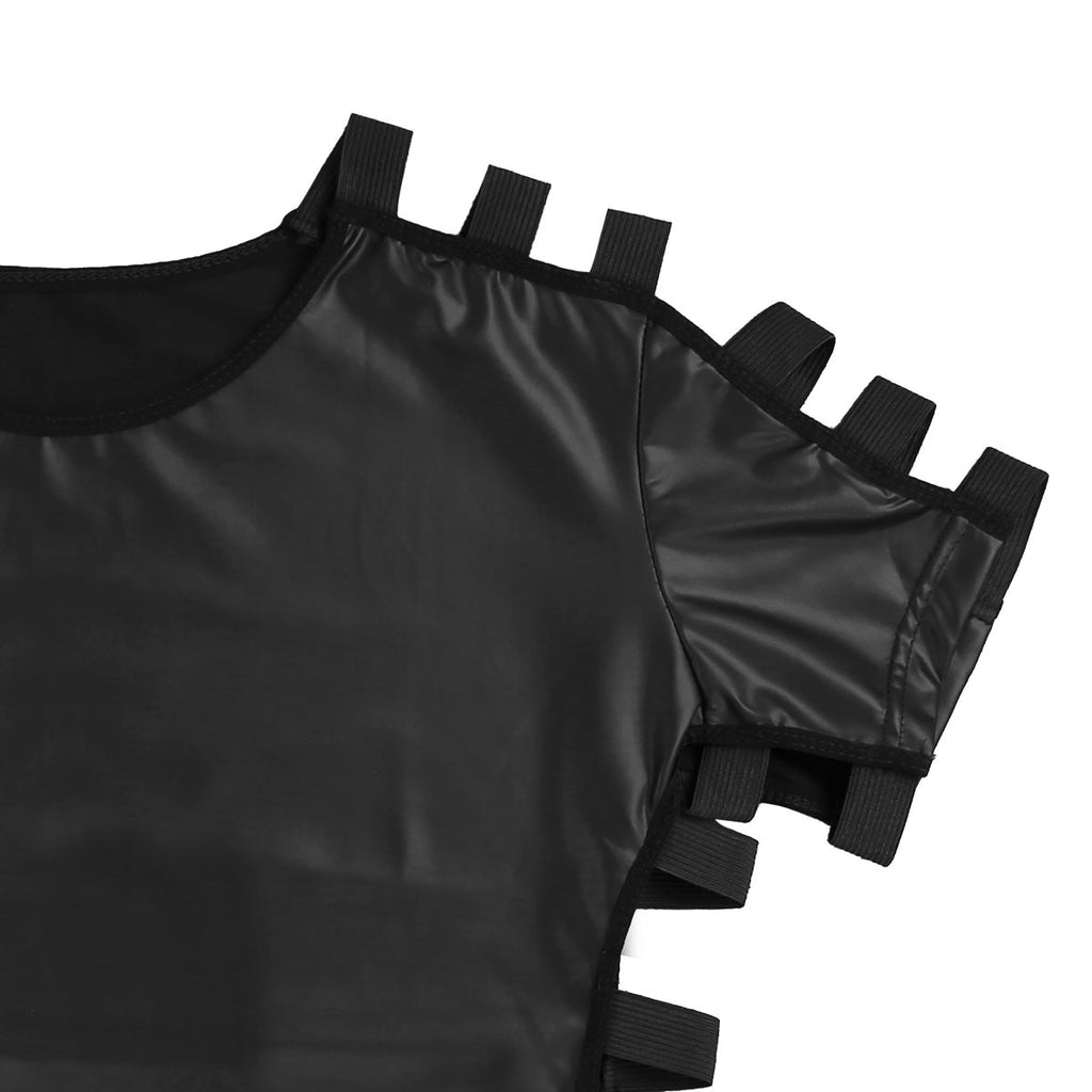Men's Black Party T-Shirt: Slim Fit Muscle Top with Faux Leather, Elastic Band, and Fashionable Cut-Out Design for Clubwear and Raves