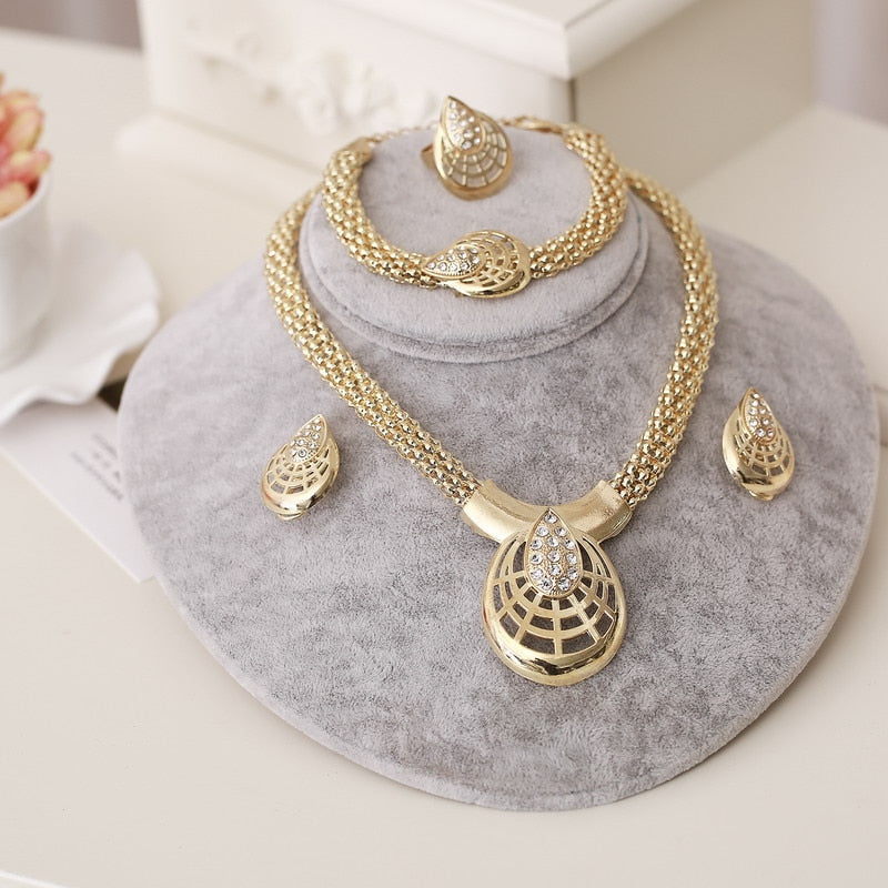 Dubai Gold Plated Jewelry Sets Nigerian Wedding African Beads Crystal Bridal Jewellery Set Rhinestone Ethiopian Jewelry parure