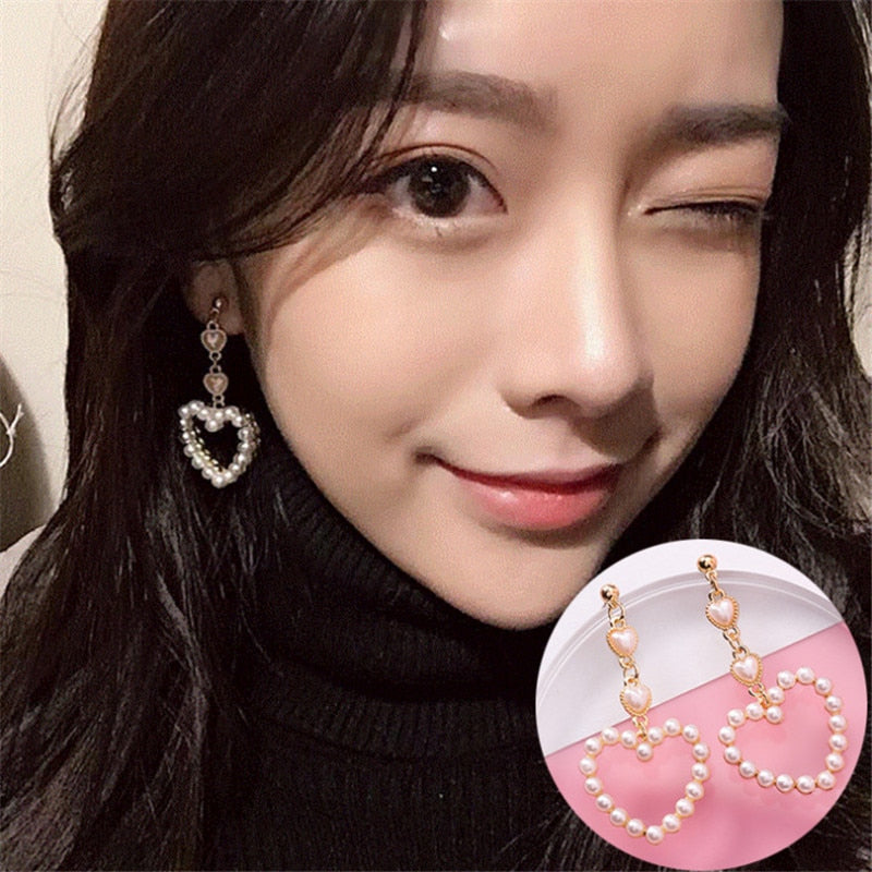 Fashion heart sutd earrings female  Popular long heart pearl earrings banquet jewelry accessories tassel earrings for women