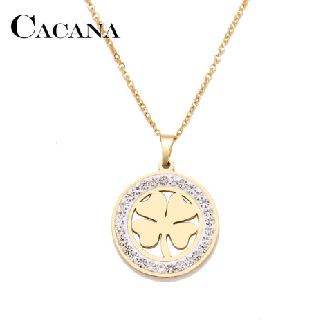 Cacana Stainless Steel Crystal Round Pendants Necklace Women Choker Jewelry Clover Trendy Necklaces Chain Valentine's Day