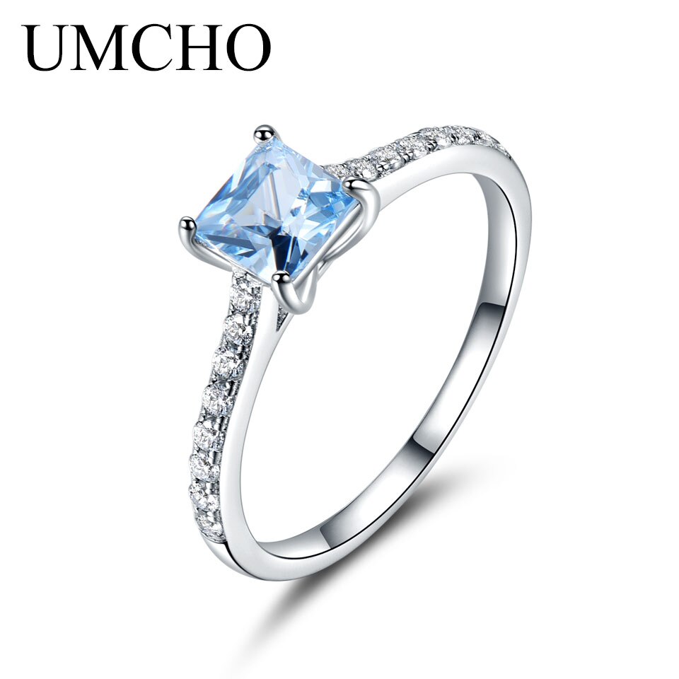 UMCHO Sky Blue Topaz Rings for Women Real Solid 925 Sterling Silver Korean Gemstone Ring Birthstone Girl Gift Wholesale Jewelry