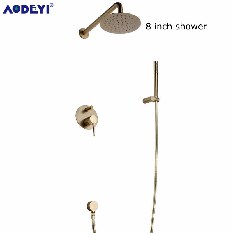 Brushed Gold Solid Brass Bathroom Shower Set Rianfall Head Bath Faucet Wall Mounted Ceiling Arm Mixer Water System Panel Black