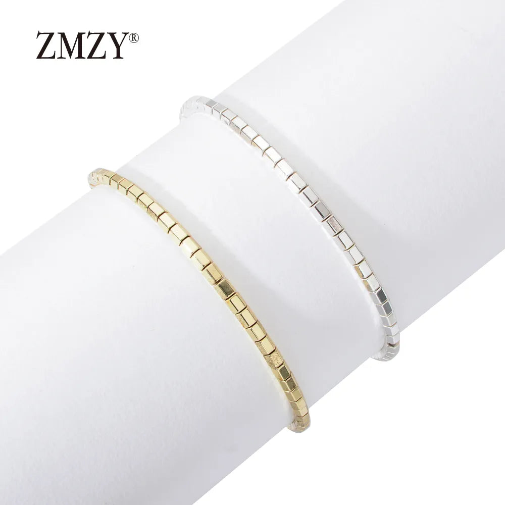 ZMZY Adjustable Square Silver Plated Hematite Bracelets Minimalist Small Beads Braclet For Women Yogo Biker Hand Jewelry