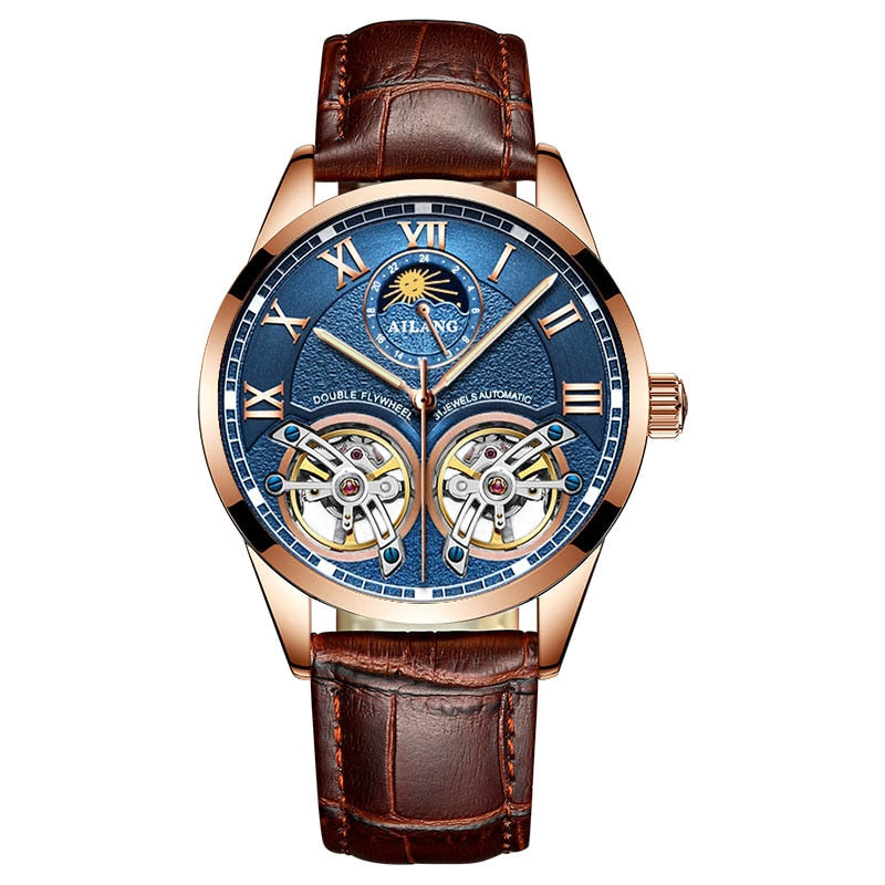 AILANG Original Design men&#39;s Double Flywheel Automatic Mechanical Watch Fashion Leisure Business Luxury Clock