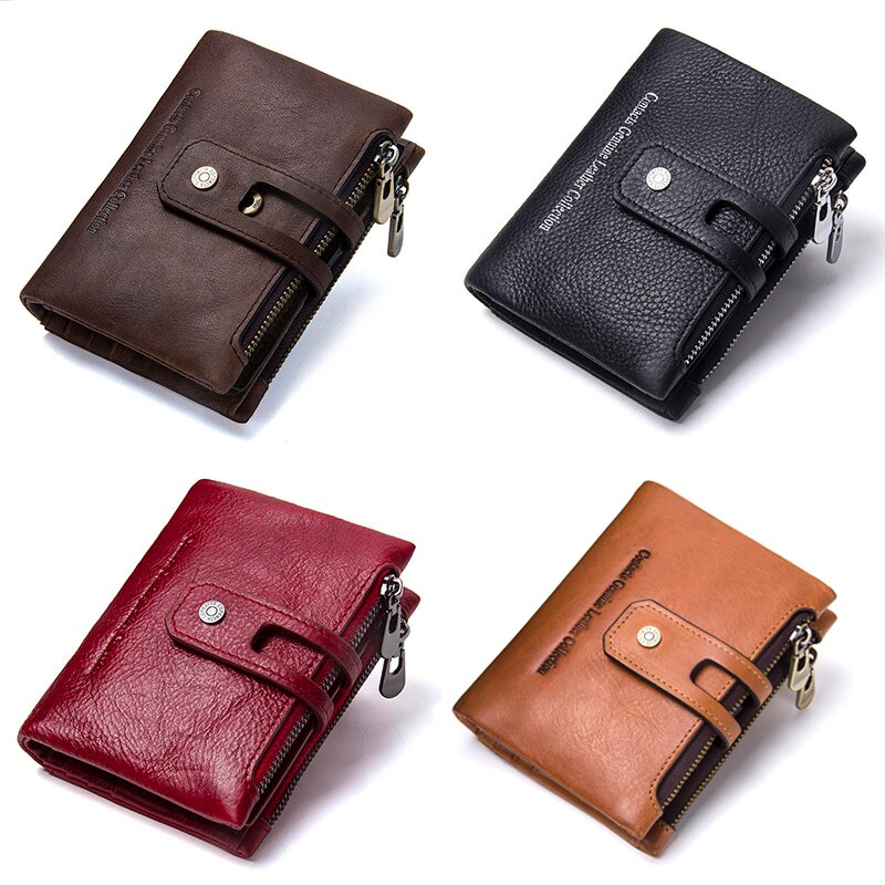 Contact'S Genuine Leather Fashion Short Wallet Women Zipper Mini RFID Blocking Coin Purse Card Holder Wallets for Women